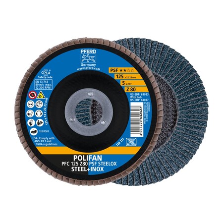 Pferd 5" x 7/8" A.H. POLIFAN Flap Disc - Z PSF STEELOX, Zirconia, 80 Grit, Conical 63033